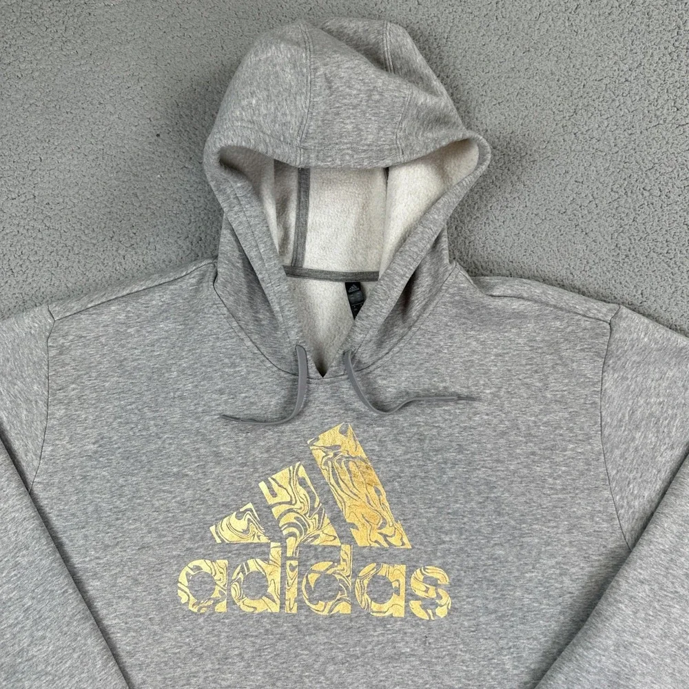 Adidas Liquid Gold Foil Badge of Sport Hoodie Men 2XL Heather Grey Pullover Logo